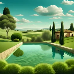 estilo surrealismo, paisaje de pileta en el campo