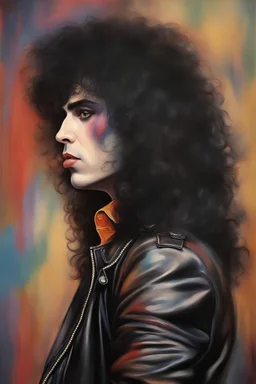 oil painting, text "KISS" - facial portrait with makeup - 20-year-old Paul Stanley with long, wavy curly black 1980's style big hair, wearing a black leather jacket, extremely colorful, multicolored watercolor stained wall in the background - in the art style of Boris Vallejo, Frank Frazetta, Julie bell, Caravaggio, Rembrandt, Michelangelo, Picasso, Gilbert Stuart, Gerald Brom, Thomas Kinkade, Neal Adams - explosions, flames, fog, clouds, dust,