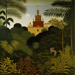 A castle in a jungle painted by Henri Rousseau