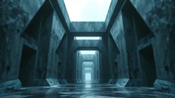 A dark, cold and surreal abstract artwork inspired by brutalism and brutalist architecture. Massive monolithic concrete structures form an impossible architectural passageway, with severe geometric shapes, enormous walls, sharp angles, deep voids and distorted perspective. The architecture feels oppressive, mysterious and dreamlike rather than realistic. Use a cold palette of graphite black, concrete grey, steel blue, icy blue and desaturated cyan, with subtle atmospheric dramatic shadow
