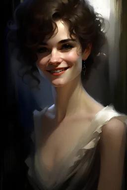 20 year beautiful woman with flirtatious smile, curly luxuriant short hairs, incredible detail, pale flawless skin, silk winter gown, half body, beautiful expressive look, a beautiful cinematic impressionistic picture, in the style of Jeremy Mann and Charles Dana Gibson, Mark Demsteder, Paul Hedley, smooth, sharp focus, artstation, hyperrealism painting, concept art of detailed, character design, matte painting, 8 k resolution