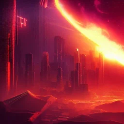 cyberpunk, landscape, GUITARS, cinematic, highly detailed, close up, 4k, deep colors, gold, fire, red, purple, dark, ethereal, utopia, apocalypse, from outer space