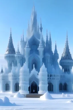 a plain palace of ice, with lots of towers, windows, balconies and ice decorations. It is not too rich