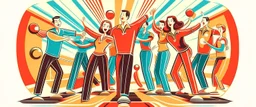 A vintage bowling alley interior with a group of friends celebrating a strike, wearing colorful bowling shirts. Style: Retro Illustration, Mood: Fun and Nostalgic, Lighting: Warm, overhead lights, T-shirt design graphic, vector, contour, white background.