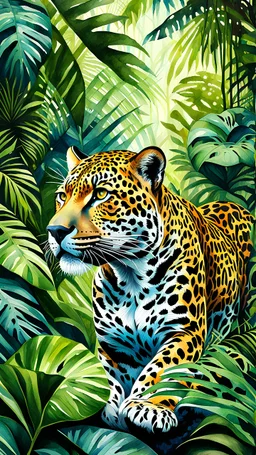 Jaguar en la selva arte acuarela colores contrastantes calidad ultra hiperdetallado maximalista 16k