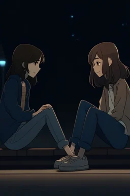 2D animasyon gece oturmuş birbirleri ile sohbet eden 2 kız kısa saçlı ve daha güzel kıyafetler daha detaylı