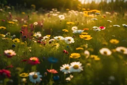 A field of wildflowers in full bloom, creating a kaleidoscope of colors under the bright sunlight. Ultra Realistic, National Geographic, Fujifilm GFX100S, 100mm telephoto lens, f/5.6 aperture, golden hour, macro, Provia 100F film