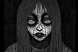 create a disturbing horror full body pen and ink sketch of a dark haired, savage, gothpunk vampire girl with highly detailed , sharply defined hair and facial features, in a dark, otherworldly London in the style of Junji Ito, precisely drawn, inked, with dramatic edges,