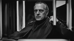 In the photo, we see a man sitting in the dark, looking at the camera with a cold gaze. The man is dressed in black and seems uninterested in what is going on around him.