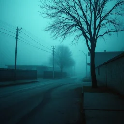 A nostalgic image of a dimly lit, foggy street in the outskirts with a pastel blue and brown color scheme. The street has a textured, rough surface. There is a tree in the corner. The background contains a few buildings. The overall atmosphere is eerie and foggy.