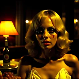 Horror movie shot, spooky, hot, ultra realistic, dine, horns, ultra realistic hot blonde prosperous women, year-end party, pieces of meat, organs, hot, ail, dynamic, hot, very excited people, hypermaximalist figures, light, 1970's Italian horror movie, sinister,, Dario Argento, Stanley Kubrik, ornate, 4k, photorealism