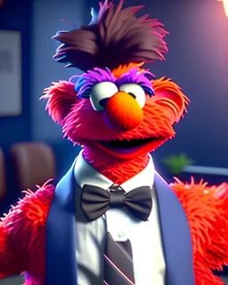 hybrid character, Elmo muppet head, realistic man body, human arms and hands, Shirt and tie, concept art, smooth, unreal engine 5, god lights, ray tracing, RTX, lumen lighting, ultra detail, volumetric lighting, 3d, finely drawn, high definition, 4k.