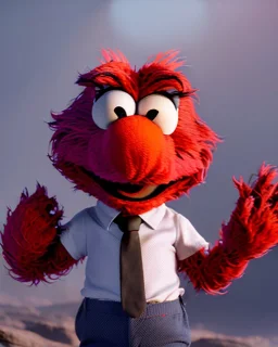 hybrid formed by simple Elmo muppet head and real human body, human arms and hands, Shirt and tie, concept art, smooth, unreal engine 5, god lights, ray tracing, RTX, lumen lighting, ultra detail, volumetric lighting, 3d, finely drawn, high definition, 4k.