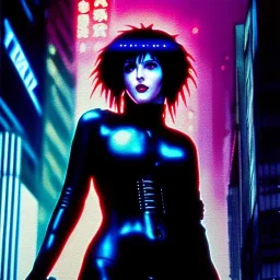 portrait oil on canvas, beautiful punk busty female Ghost in the Shell, intense stare, sad glowing eyes, post-apocalyptic in a cyberpunk city,minimal skintight latex dress, bladerunner movie poster, realistic, intriacte detail,rainy, sci-fi fantasy style, masterpiece, volumetric lighting, particles, highly detailed ,cinamatic , deep colours,8k, in the style of Kaare Andrew