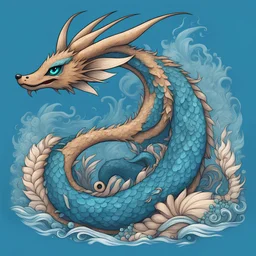 Sea Serpent Eevee with blue scales and tan fur three pronged teal horns and fish whiskers and white spikes along back and along blue sea serpent tail, masterpiece, best quality, in doodle art style