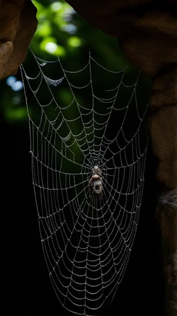 A very fine spider web in front of a dark cave entrance .!a laying inBOKEH shot style of time-lapse photography, fujifilm provia 400x, 100mm lens, luminous shadows, renaissance-inspired , home and garden, wildlife nature photography, HDRI. A nest in front of the spider web with a dove laying in it