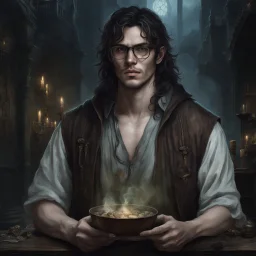 fantasy dnd scholar 30 year old male ghost hunters wearing eye glasses thin body havent eat in a week dirty from travelling the road long dark hair