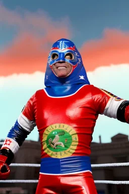 realistic image of joe biden as a mexican wrestling fighter posing, Mexican eyes wrestling mask, red and blue breeches, retro style, 80s, vibrant color, highly detailed, sky background, concept art, unreal engine 5, god rays, ray tracing, RTX, lumen lighting, ultra detail, volumetric lighting, 3d, finely drawn, high definition, high resolution.