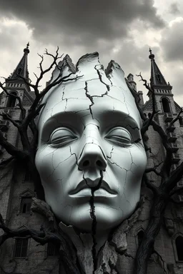 surrealis monochrome A fragmented, surreal sculpture liguid color of photorealistic image 3d,psychedelic art of an castle glossy emerging from devilish a crumbling building. The face appears pale with deep cracks and intricate details, evoking a haunting expression. Blackened tree branches intertwine with the gold mengkilat cracks, set against a backdrop of stormy, cloud-filled skies. bauhaus art The overall tone is dark and moody, suggesting themes of decay and transformation.
