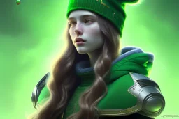 girl, cute, beautiful, long hair, wavy hair, red hair, green eyes, green beanie, green coat, black tee shirt, head and shoulders portrait, 8k resolution concept art portrait by Greg Rutkowski, Artgerm, WLOP, Alphonse Mucha dynamic lighting hyperdetailed intricately detailed, algerian flag