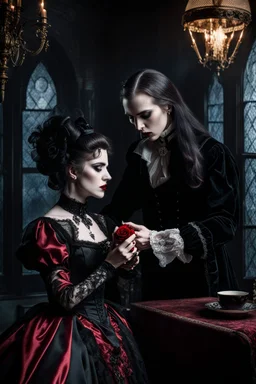 in a Victorian-style dress with a pale face, black long haired vampire sucking blood from the neck of a beautiful young woman wearing a wonderful victorian-goth lace dress. The woman has a faint smile on her face, her eyes are closed. Gothic-style room in the background, semi-darkness, the light of the full moon shines through the large window onto the horror scene, high detailed, sharp focus, masterpiece