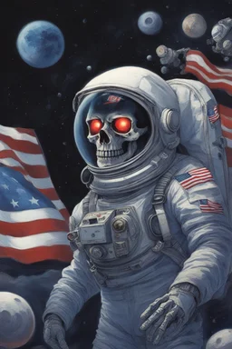 A close up of a skeleton face looking shocked, in an astronaut helmet and suit floating in space. inside the hollow eyes are red shining lights, scary. On his suit is an American flag and in his one hand is a small wavering American flag, on it is written "boned in the USA". From the back of his suit is blowing out blue, white and red smoke. Realistic, 8k, highly detailed, funny