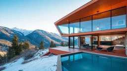 Nestled among the mountains, this contemporary house emerges as a geometric gem. The ground floor, in earthy orange tones, firmly anchors itself into the landscape, while the sharp glass upper floor offers sweeping panoramic views that seem to slice through the crisp mountain air, merging the indoors with the majesty of the outdoors.