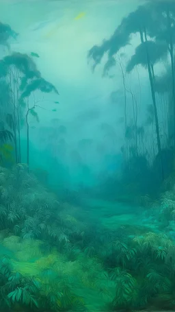 A cyan rainforest covered in thick fog painted by Vincent van Gogh