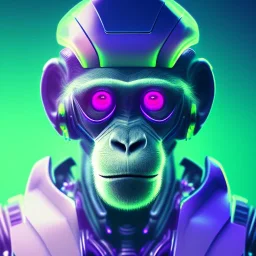 A beautiful portrait of a cyborg monkey purple neon color scheme, high key lighting, volumetric light high details psychedelic background