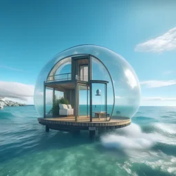 tiny house inside a big bubble floating up the sea