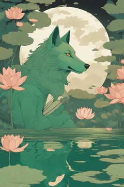award winning portrait of a male anthropomorphic green wolf that lies at the bottom of a pond, with lotus flowers floating on the water by victo ngai, kilian eng, moon, night time, reflection, loose strokes, dynamic lighting, digital art, art by james jean, takato yamamoto, 4k, concept art, illustrative, high contrast