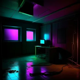 Unsettling room, neon lights, signs, empty, a computer is running, liminalcore