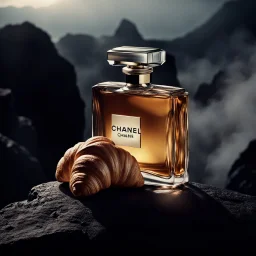 social media ad post for Chanel brand royal perfume .steam in the background. dramatic on rock cinematic croissant .cinematic,8k high cualitcy