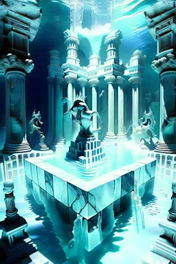 Atlantis dungeon with white marble many knight statues and a great pool of water with a chrome cube floating over it