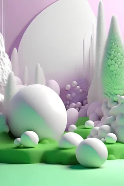 3d garden, minimalist white, pink, purple and green sensory fantasy spheres, layered organic forms, delicate materials, soft and dreamy, monochromatic, organic sculpting