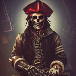 a cyberpunk hacker pirate captain skeleton with a pirate hat sitting in front of a huge old crt monitor in a dark room holding a beer, only light coming from crt monitor, highly detailed, intricate, digital art, trending on artstation, trending on cgsociety, by greg rutkowski