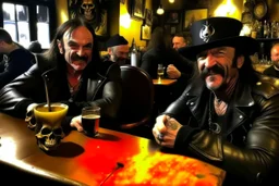 Crée un image en mode cartoon. Lemmy kilmister et le diable boivent une bière dans un café en enfer