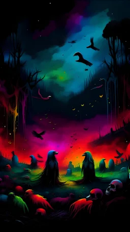 nude creepy rainbow waifu on the field in the night, blood everywhere, tombstones around, crows and ravens sitting on the tombstones, black feathers falling from sky , colorful space nebula on the night sky,