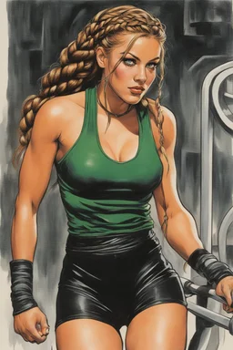 a Celtic girl with braids in a dark tight sport outfit, she does gym, panting [Original and final cover art and five interior illustrations by underground comix artist, Spain Rodriguez, from the German edition of Charles Bukowski’s book, Women, circa 1980’s.]