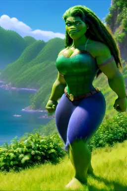 hyper realist, hyper detailed, stunningly beautiful she-hulk, mo-di Cartoon style