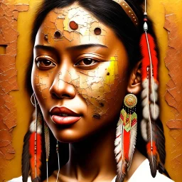 native American portrait, rust, scaffolding, iron cladding, decay, mixed media, dark textured, anatomically correct, beautiful perfect face, sharp focus, highly detailed