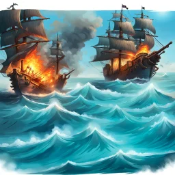 two pirate ships fighting each other at sea. They fire cannons at each other and one ship is hit and burns.