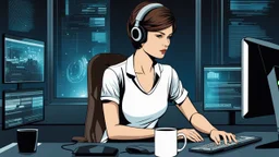 The image portrays a brown short hair woman sitting in front of her computer at night in t-shirt. She working in dark in a futuristic, hightech office. Pale lights, She appears to be focused on the task at hand. Her silhouette illuminated by the light of the monitor. There are multiple coffeecups on the desk, blur futuristic office background with pale light, realistic, deep colors, high detailed, sharp focus, perfect shot, professional photo