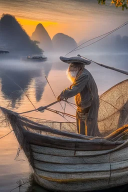 Old fisherman netting the fish on boat at guilin China at morning sunrise