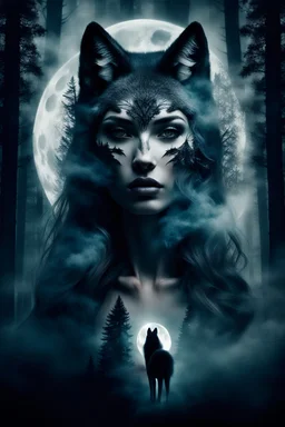 double exposure stunning woman-wolf hybrid portait, forest, moon, smoke, ultra-high detailed, deep dark colors, dark fantasy, intricate detail, cinematic, masterpiece, sharp focus, dark ethereal fantasy, hyperdetailed, atmospheric , dark surreal fantasy