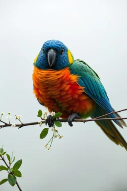 Extremely realistic photo of a colourful Parrot on a tree branch with white tiny flowers and green leaves , fog, general foul weather, (Rembrandt Lighting), zeiss lens, ultra realistic, (high detailed skin:1.2), 8k uhd, dslr, Dramatic Rim light, high quality, Fujifilm XT3, artwork in pale distressed tones , minimalistic approach, blends old world aesthetics art with elements of distressed painting and illustration, shadow play, high conceptuality, palette inspired by Charlene Mc Nally, Carne Gri