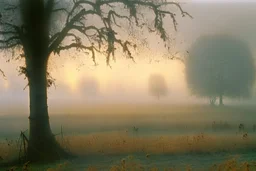 grey morning. the sun rises from its ashes. autumn mists cover the fields. trees, Autochrome style