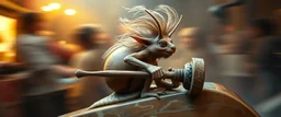hårete gremlin artist player hurtig snegle med vind i håret på fest med stor slegge aker ned sklie av marmor malt av Rembrandt, motion blur background