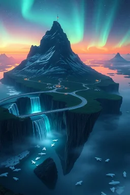 Islands flying with waterfalll with connected bridges in the future with polar lights