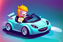 whimsical cartoony sports car with a small mascot character driving it, celshaded comic style, happy atmosphere